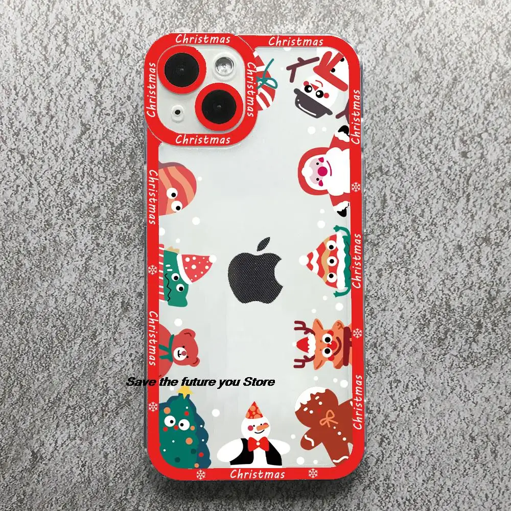 Cartoon New Year Christmas Phone Case For iPhone 13 12 11 14 15 16 Pro Max 15 16 PLUS Couple Fashion Girl Clear Soft bumper Case