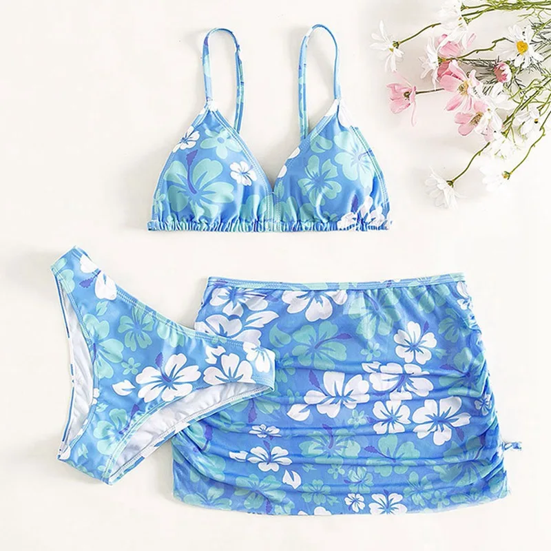 

Summer Girls Beach Swimsuit Children 3 Piece Swimsuits Bathing Suit Tops Underpants Floral Print Skirt Swimwear Set