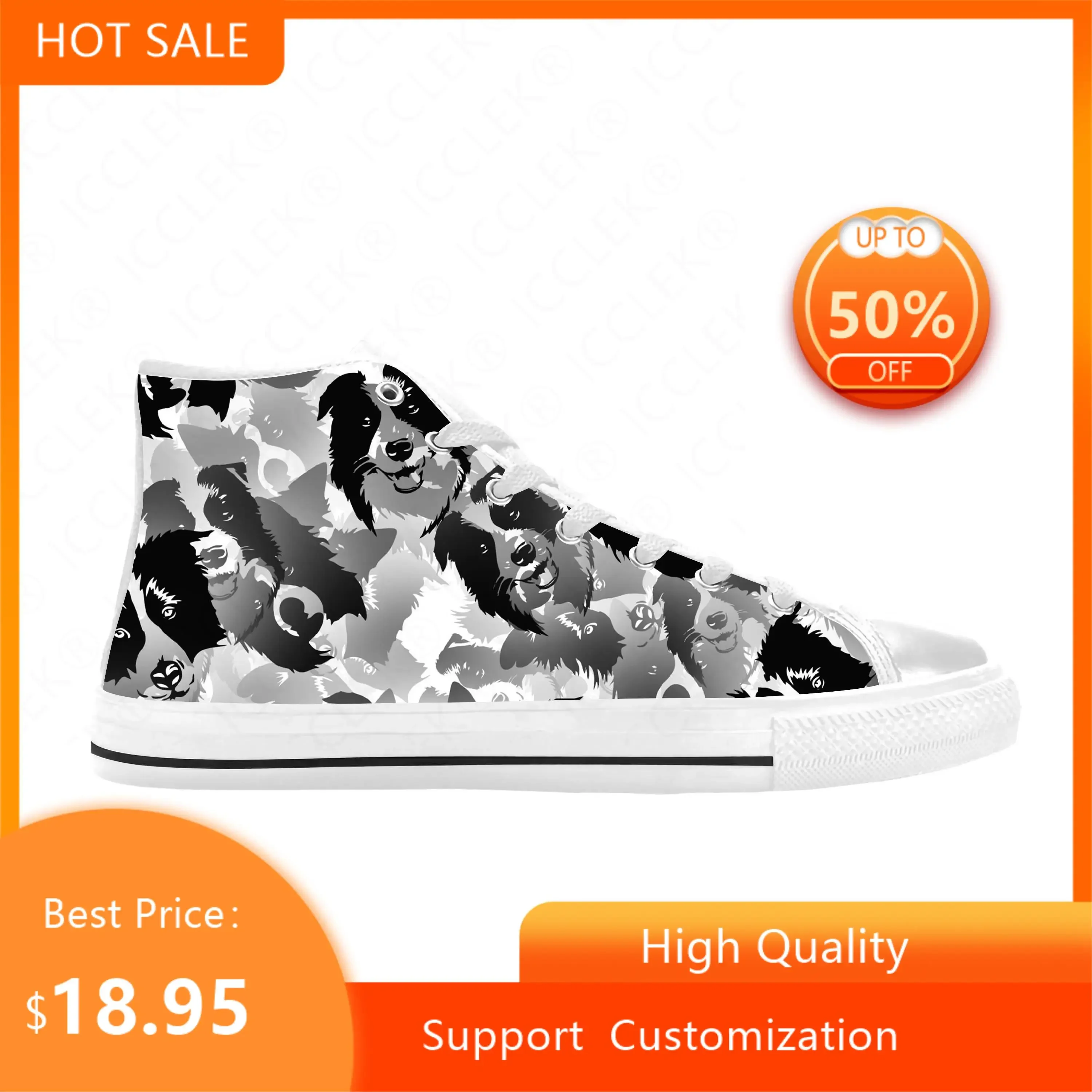 Border Collie Collies Hond Dier Patroon Cartoon Casual Doek Schoenen Hoge Top Comfortabele Ademende 3d Print Heren Dames Sneakers