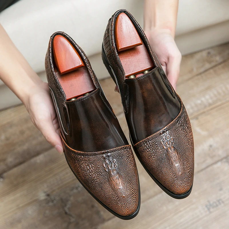 

New Brown Black Blue Classic Mens Dress Shoes Loafers Round Toe Slip-On Solid Handmade Business Men Shoes Party Wedding Shoes