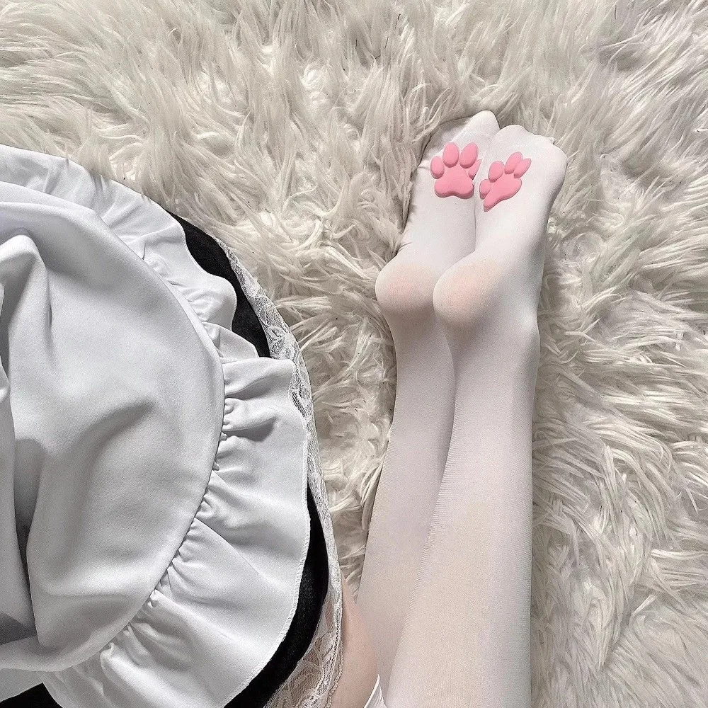 Cute 3D Cat Paw Pink Socks, Japanese Style Non-Slip Knee High Stockings, Thin Solid Color Leg Sleeves for Women Girls Cosplay image 3