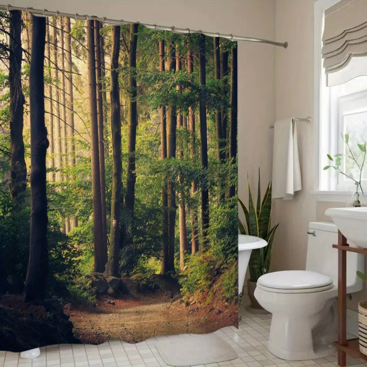 Forest Trees Path Shower Curtain Nature Art Bathroom Decor Woodland Trail Green Leaves Bath Curtains Modern Home Interior