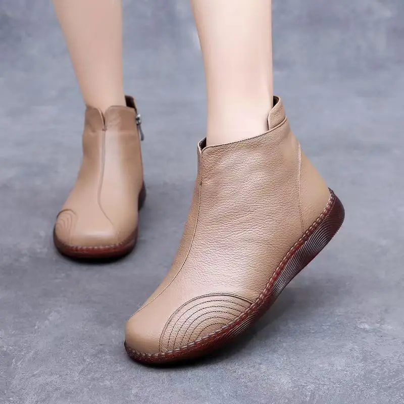 

Women Winter New Genuine Leather Ankle Cotton Boots Soft Sole Soft Face Flat sole Non Slip Plush Keep Warm High Top Cotton Shoes