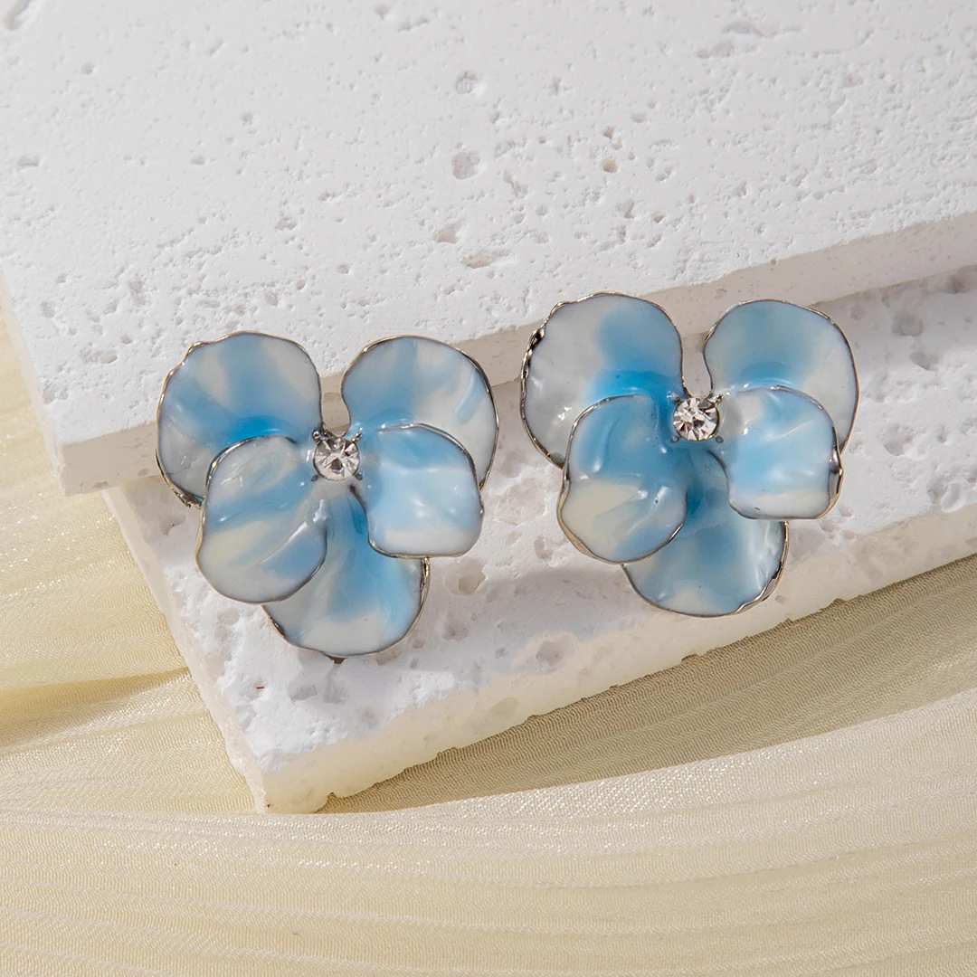 Summer Autumn Light Luxury Elegant Blue Flower Stud Earrings for Women Fashion Rhinestone Sweet Metal Wedding Party Jewelry