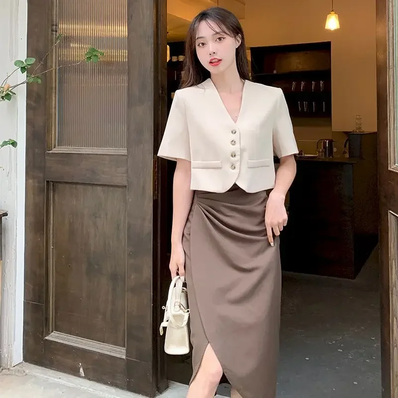 Lnsozkdg Summer Korean Fashion Blazer Suits Vintage Short Sleeve Blazers + Hight Waist Long Skirts 2 Pieces Sets Women Office