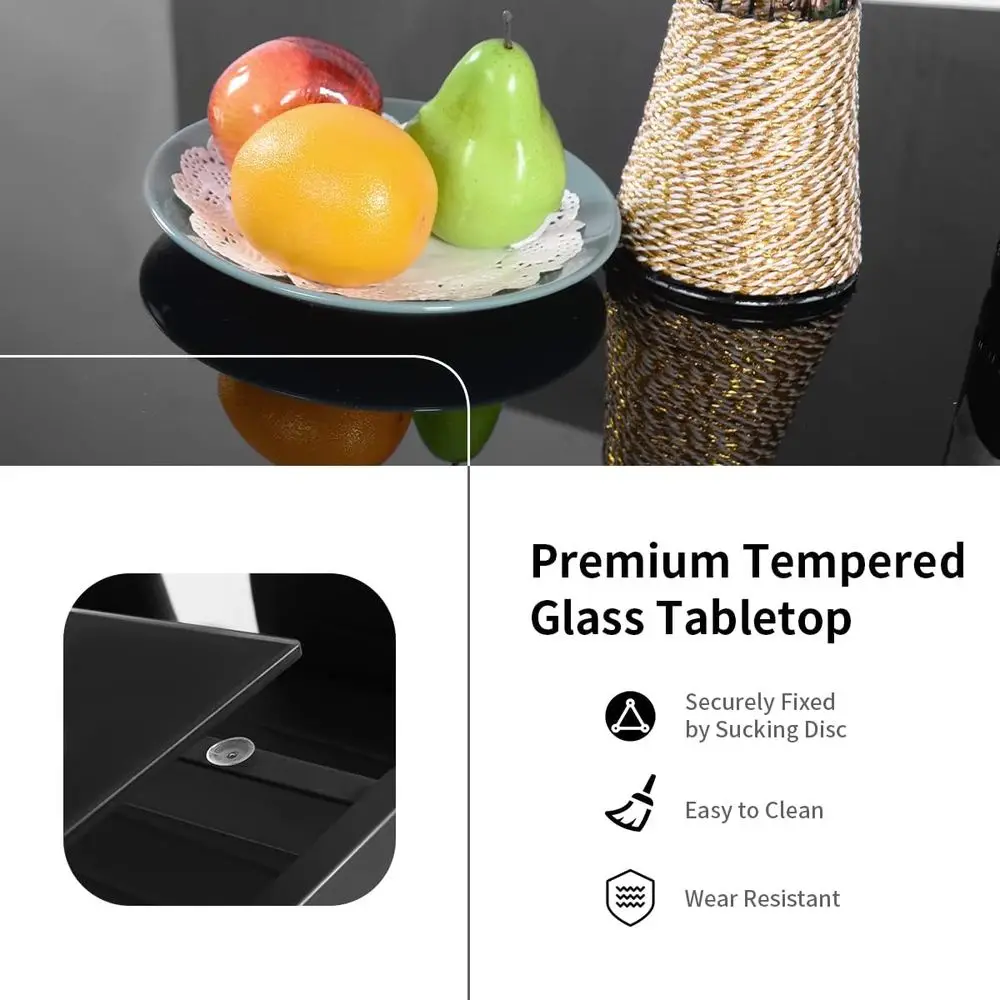 Moderne eetset met glazen blad voor 4 personen, compacte rechthoekige metalen tafel met leren stoelen voor kleine appartementen