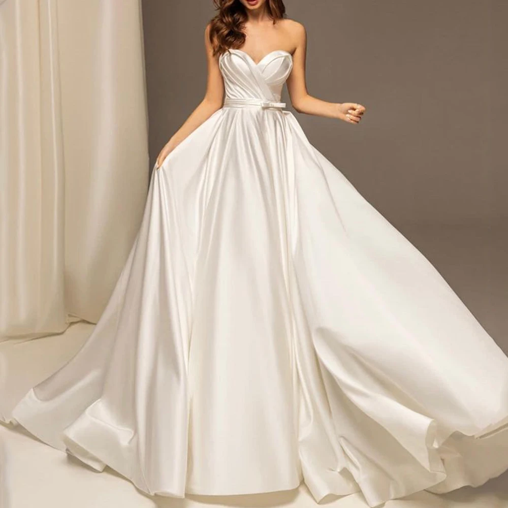 

Simple Satin Wedding Dress Sweetheart Strapless Sleeveless A-Line Floor Length Backless Lace Up Bridal Customized Gowns Robe