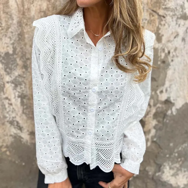 

Early Autumn Jacquard Hollow Out Women's Shirt Casual Lapel Single Breasted Long Sleeved Top New Fashion Ruffled Beach Blouses