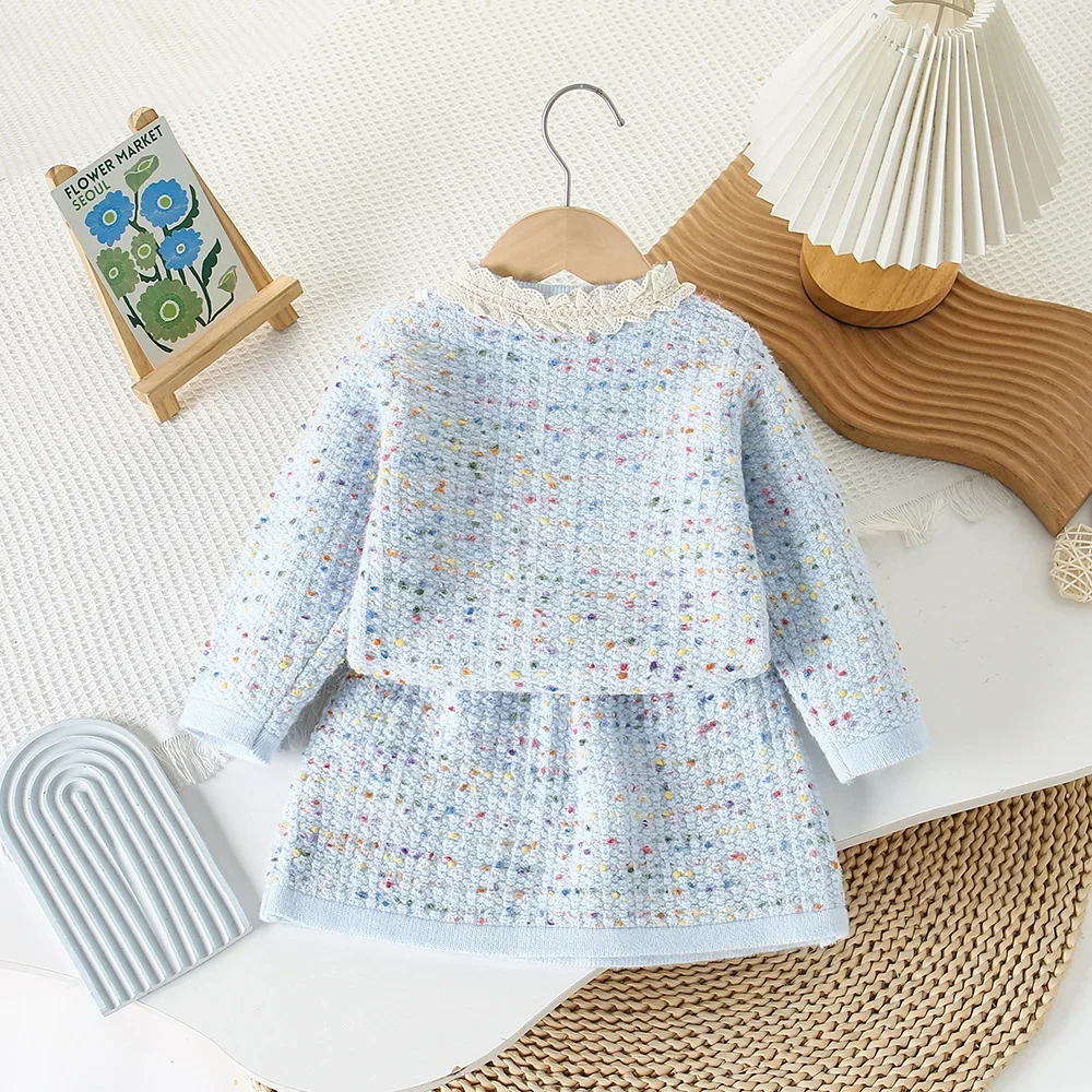 Cardigan à manches longues et jupe ronde pour bébé fille, ensembles de vêtements pour enfants, pull en dentelle, hiver, 2 pièces