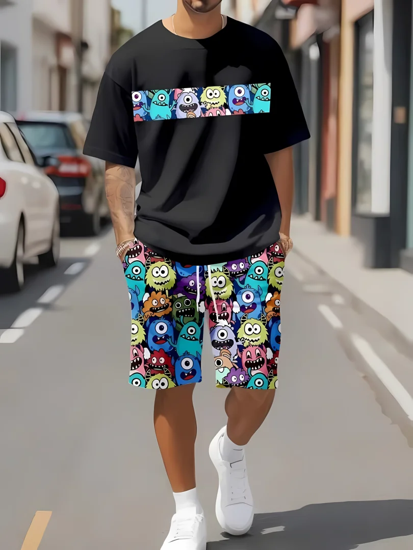 

Летний повседневный мужской костюм с мультяшным принтом, мужской городской модный топ с короткими рукавами, мужская дышащая легкая футболка, шорты