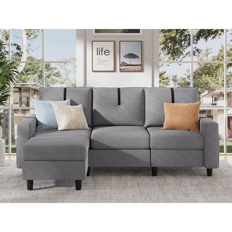 

80" L Shaped Sectional Sofas 3 Seater Couch with Reversible Ottoman Modern Linen Fabric Small Sectional Couch for Living Room