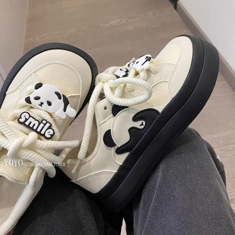 

Panda Women Vulcanize Shoes Platform Sneakers Kawaii Tennis Female Flats Spring Summer 2024 Casual Canvas Harajuku Footwear