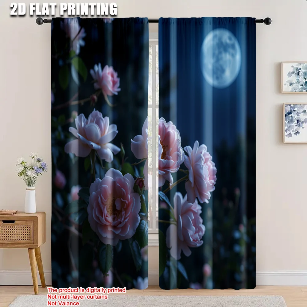 

2pcs, 2D flat printing Window Drapes Roses Moon Fabric,Without Electricity Festive Backdrops for Home Decor and bedroom decor
