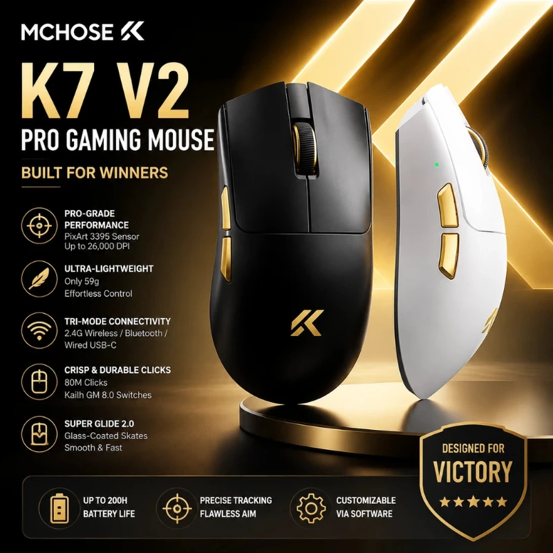 MCHOSE K7 Ultra Wireless 2.4G Gaming Mouse PAW3950 42000DPI Dual 8000Hz 59g Lightweight Magnetic Charging Dock Esports Mouse