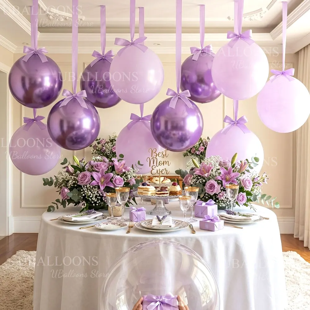 10 Stück 18'' Metallic Lila Luftballons mit Satinband, Hängende Hellpurpurne Ballons für Geburtstag, Hochzeit, Babyparty, Partydekoration – Detail 4