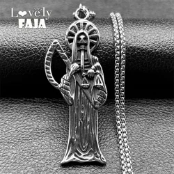 Stainless Steel Holy Saint Death Santa Muerte Grim Reaper Pendant Necklace Women Men Silver Color Vintage Sickle Skull Jewelry