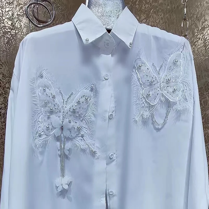 Luxury Style Beaded Butterfly Tassel Stitch White Shirts & Blouses For Women 2024 Autumn Trend  Long Sleeve Camisas Tops Blusas