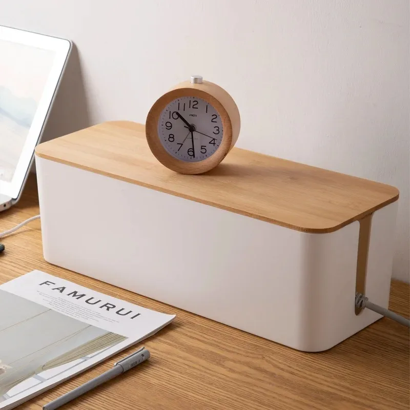 Cable Storage Box Power Strip Case Wooden Power Line Wire Management Organizer Anti-Dust Charger Socket Network Line Storage Bin