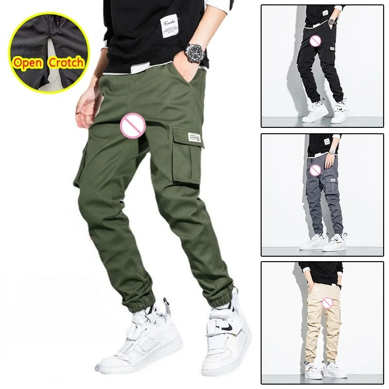 

Men Sexy Open Crotch Cargo Pants Loosed Crotchless Camping Trousers Gay Hidden Zipper Erotic Gay Breathable Skinny Tight Costume