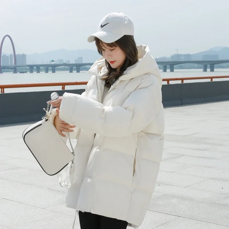 Winter New Style Puffer Jackets Women White Zipper Long Down Jacket Woman Korean Loose Hooded Bubble Coats Female