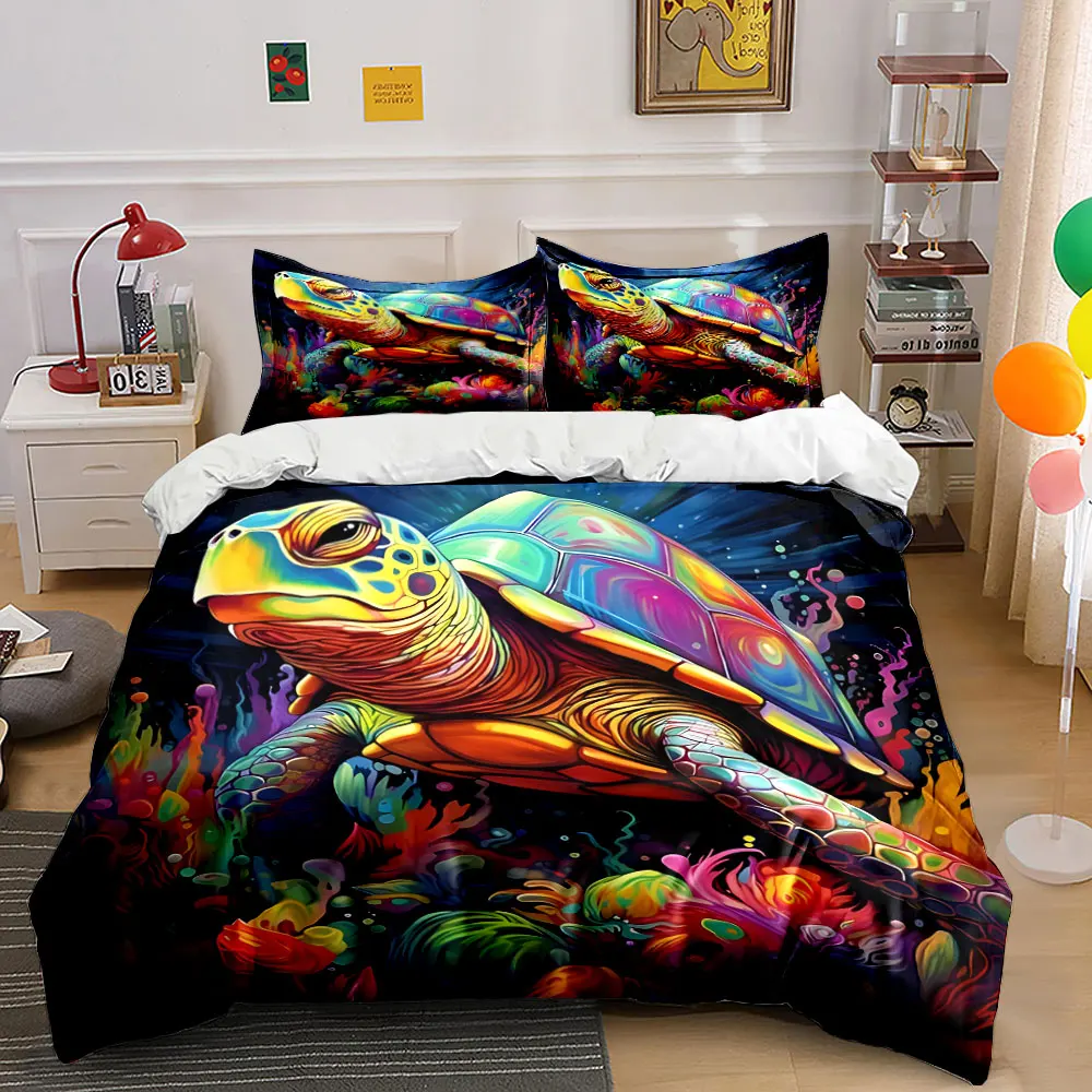 Colorful turtle in vibrant underwater Pattern Duvet Cover Set Digital Print Colorful Polyester Bedding with Zipper Closur