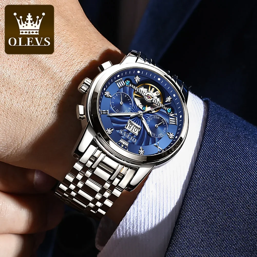 OLEVS 9910 Luxury Skeleton Men\'s Wristwatches Automatic Mechanical Watch for Men Stainless Steel Waterproof Original Man Watches