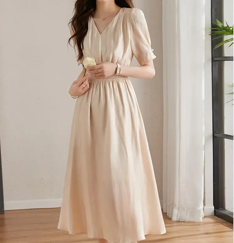 Boweylun V-neck Short-sleeved Dress Summer New Mid-waist  A-line Solid Color Mid-length Skirt Women