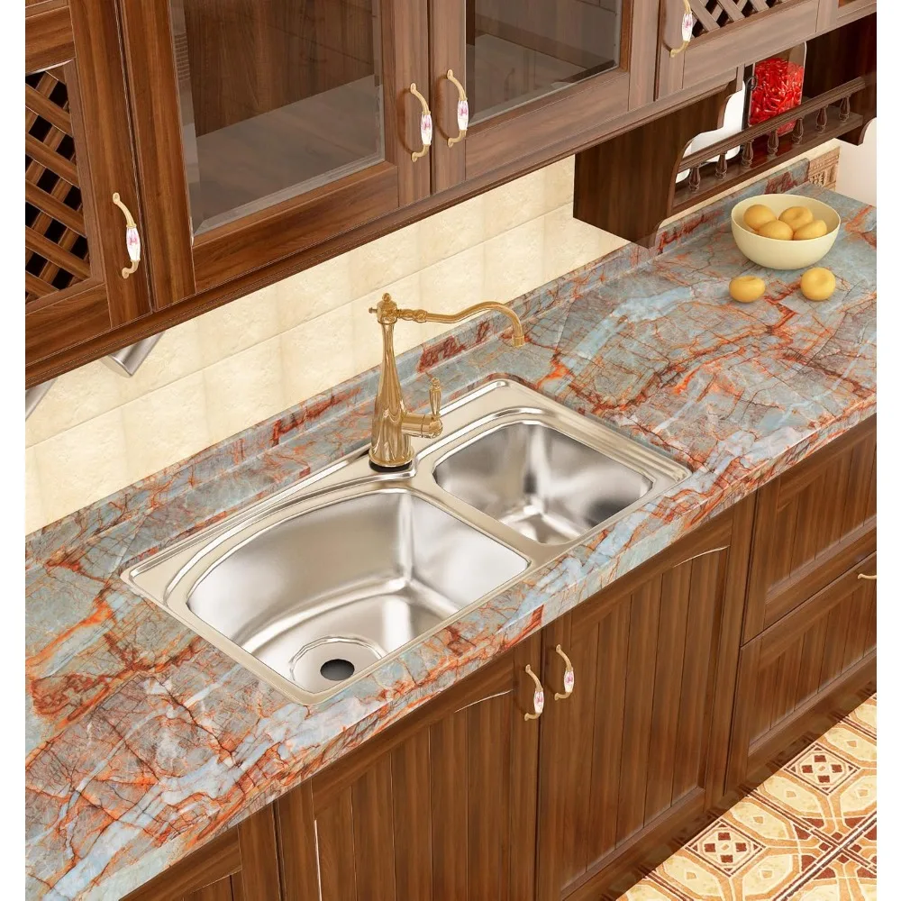 ورق اتصال قابل للتقشير واللصق من الرخام الفيروزي مقاوم للماء لأسطح الكونترتوب والحمامات، ورق جدران لاصق عريض 24 × 394