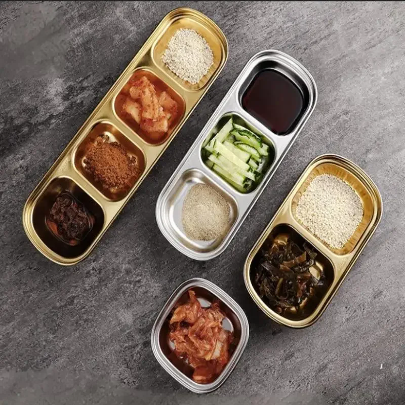 Plato de cena de estilo coreano de acero inoxidable 304, plato de inmersión dorado, plato para salsa, vajilla para barbacoa, vajilla multifuncional