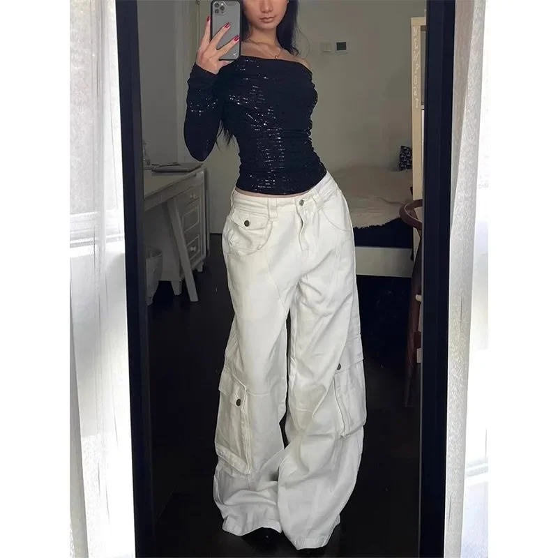 Design Sense Niche White Denim Cargo Pants Women Lazy Style Spring Autumn New American Loose Wide Leg Long Pants