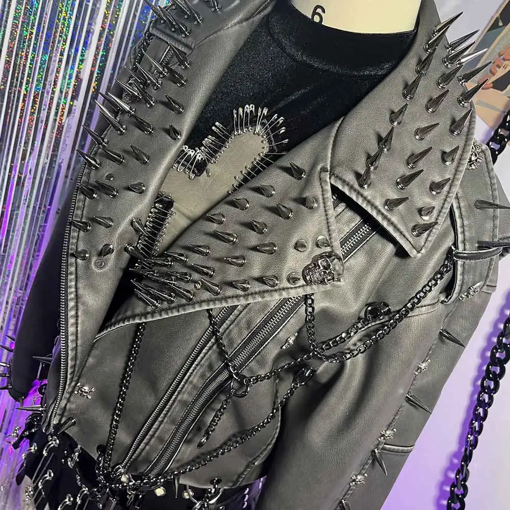 Goth chaîne manteau Grunge Harajuku Vintage à la mode e-girls Y2K veste en cuir PU Punk Rock gothique Emo Spike clouté Rivet