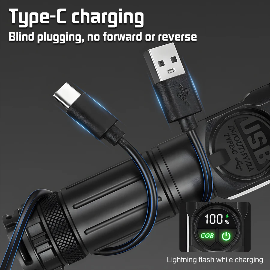 Senter LED jarak jauh, lampu senter LED jarak jauh dengan COB samping, lampu Magnet ekor kuat, pengisian tipe-c, lentera senter paduan aluminium dapat diperbesar