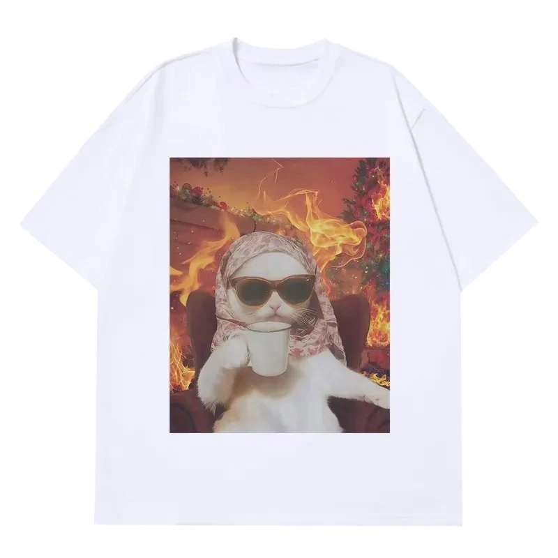 I Chill Cat Xmas Funny Cat Meme T-shirt Women Casual and Loose T-shirt Summer Hip-hop Aesthetic Fashion Tee Funny Unisex Tops