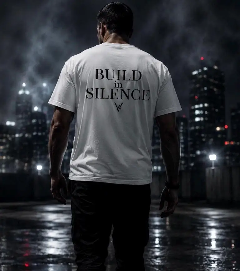 Build in Silence T-Shirt, Motivational Graphic Tee Discipline Shirt Mindset Gift Minimalist Streetwear, Quiet Luxury White Shirt