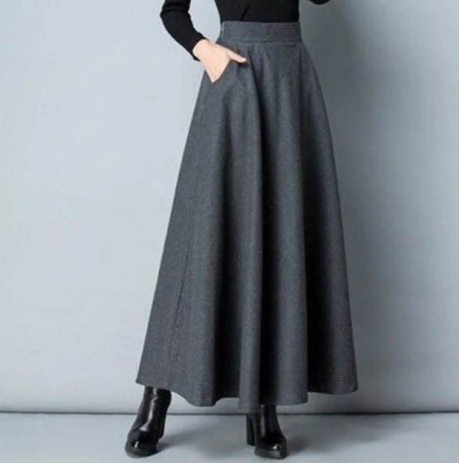 Autumn  Winter  Print  Women's 2021 New High Waist Medium Length A-line Large Swing  Shows Thin Long Skirt Claret Gray