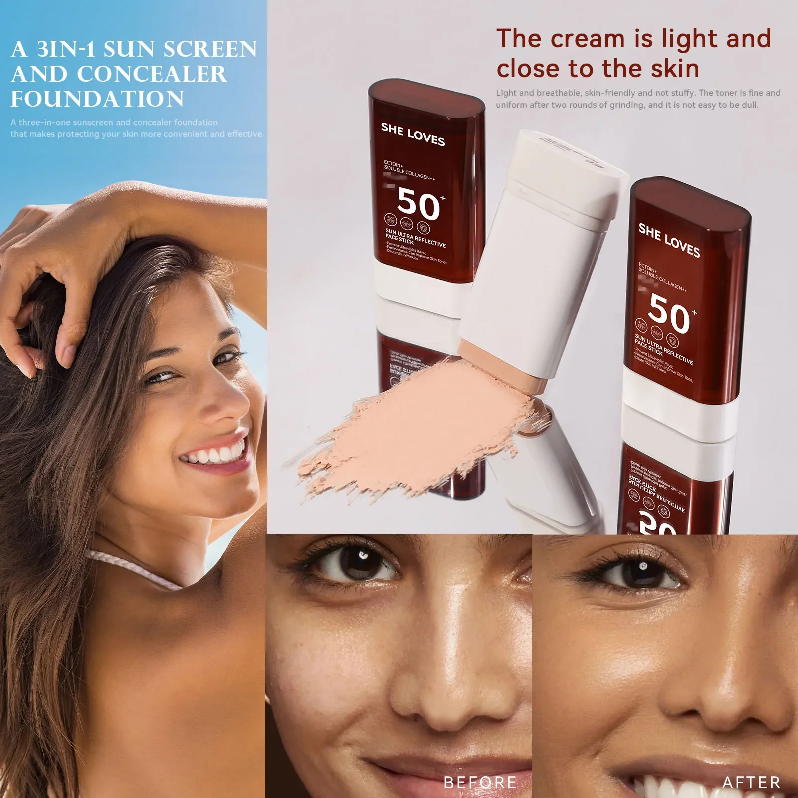 Sun Ultra Reflective Face Stick Sunscreen Foundation Lightweight Natural Longlasting Matte Eraser High Full Coverage Face Makeup