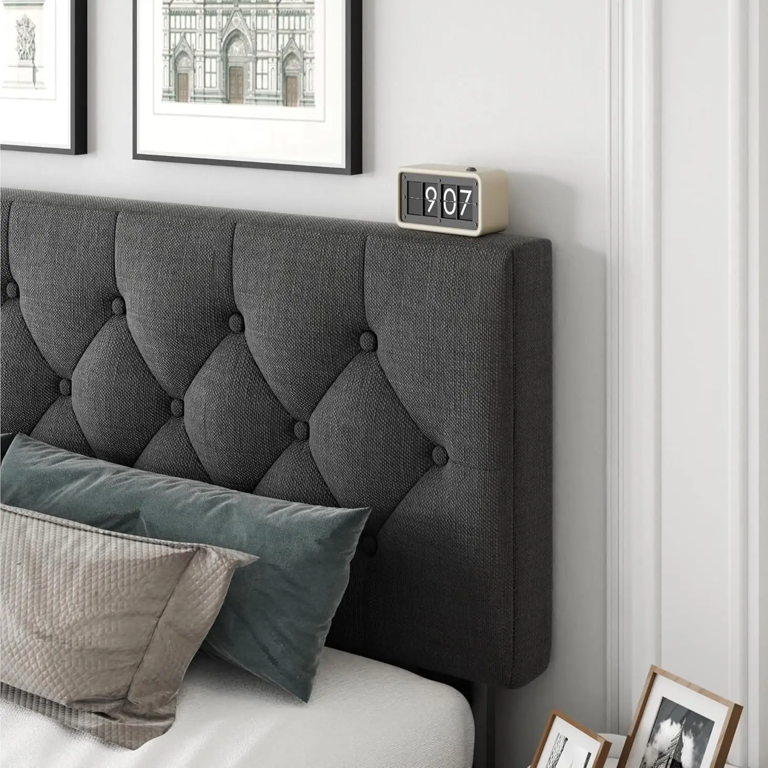 إطار سرير بمنصة اللوح الأمامي المنجد مع أزرار خصلة، دعم شرائح خشبية، لا يتطلب صندوق زنبركي، سهل التجميع