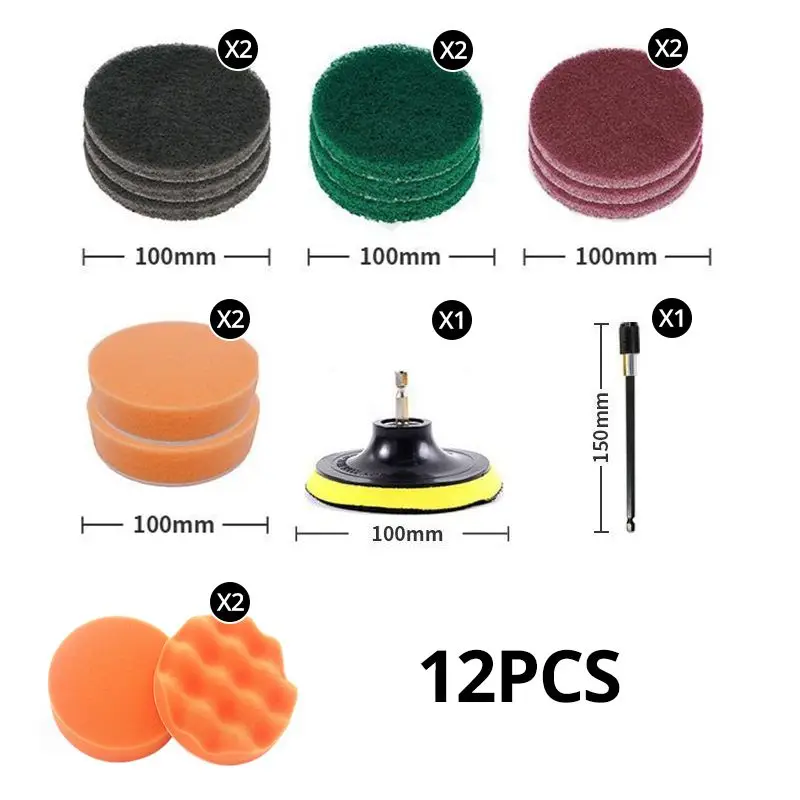 12pcs, Drill Brush Attachment Set, Power Cleaning Scrub Brush And Scrub Sponge, For Grout Floor, Tile, Bathroom, Kitchen