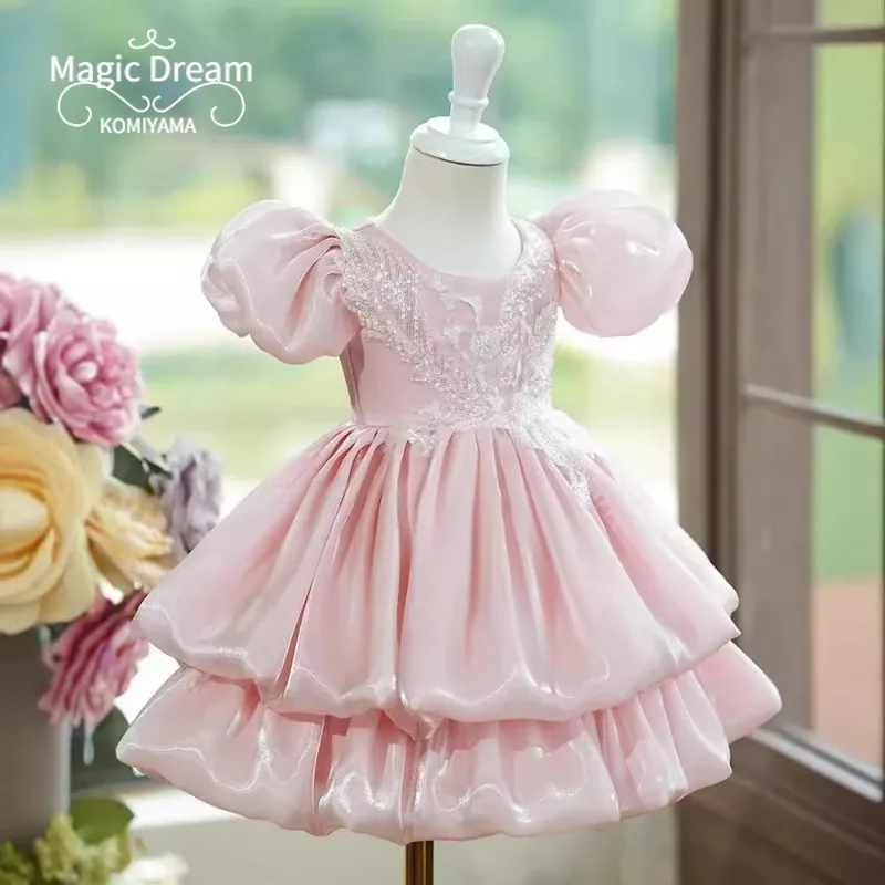 Customized Appliqué Puff Sleeve Simple O-neck Elegant Tiered Flower Girls Dresses Slim Waist All-match Kids Birthday Party Vesti