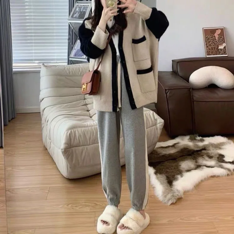 Women Autumn Winter Korean New Knit Cardigan Commuter Trendy Contrast Button Pocket Splicing Lazy Sweater Style Long Sleeve Coat