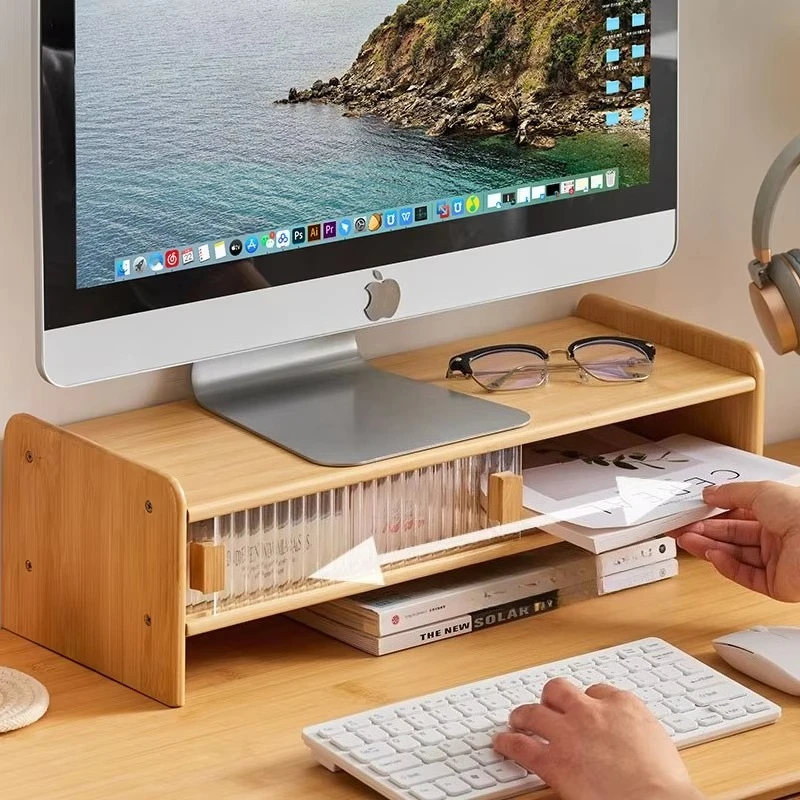 Bamboo Monitor Stand Ergonomic Computer Screen Rack Space-Saving Desktop Organizer Shelf for Office and Laptop Base