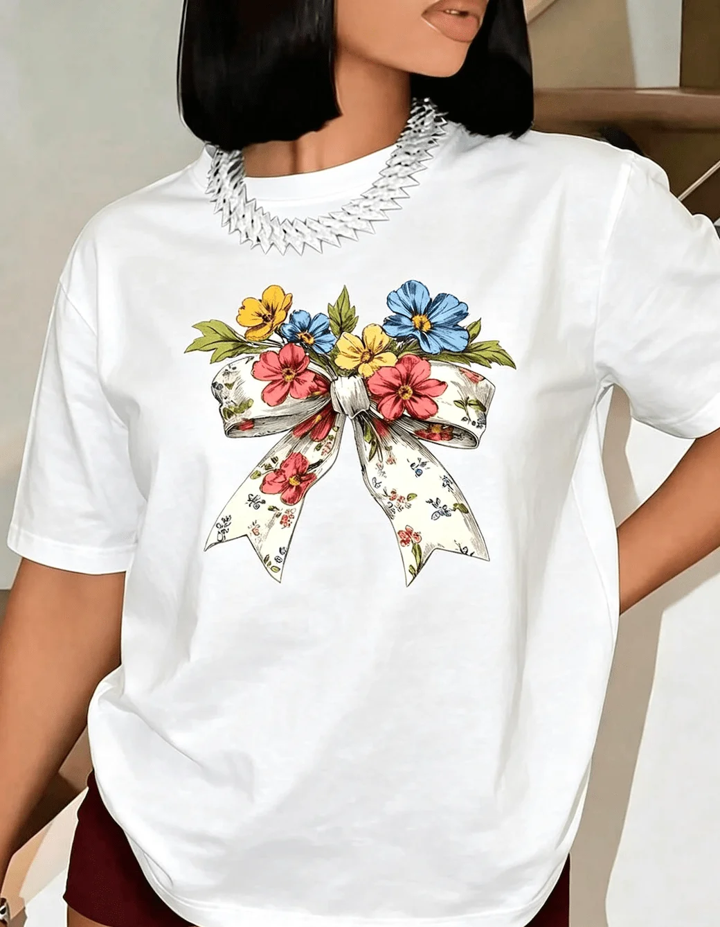 2026 New Fashion Women Crew Neck Short Sleeve T-Shirt Plus Size Oversized Style Bow Decor Print Machine Washable Spring All-match Casual Tops Basic Top T-Shirt