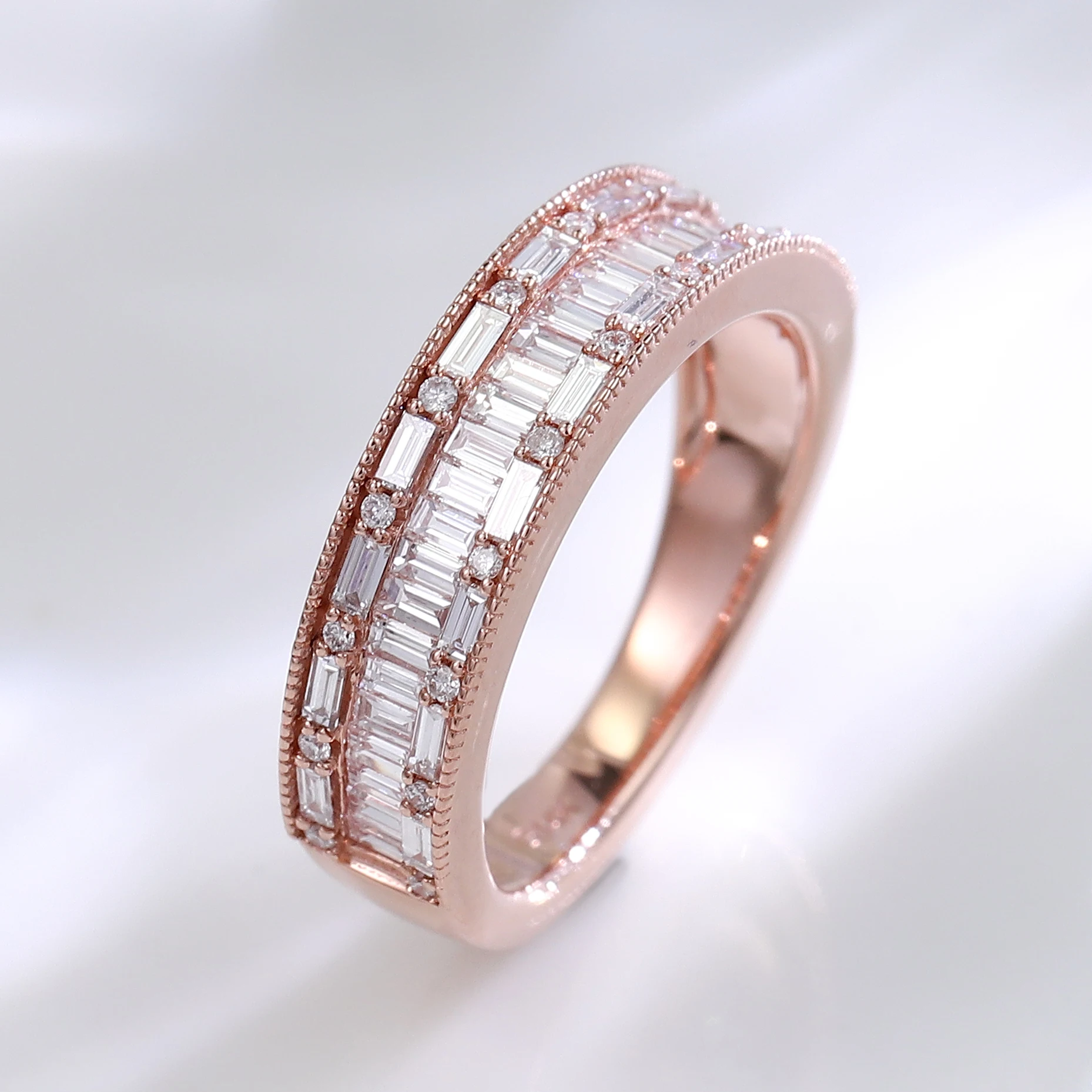 

Provence luxury half eternity band 10K 14K rose gold baguette cut lab diamond wedding band milgrain engagement ring wholesale
