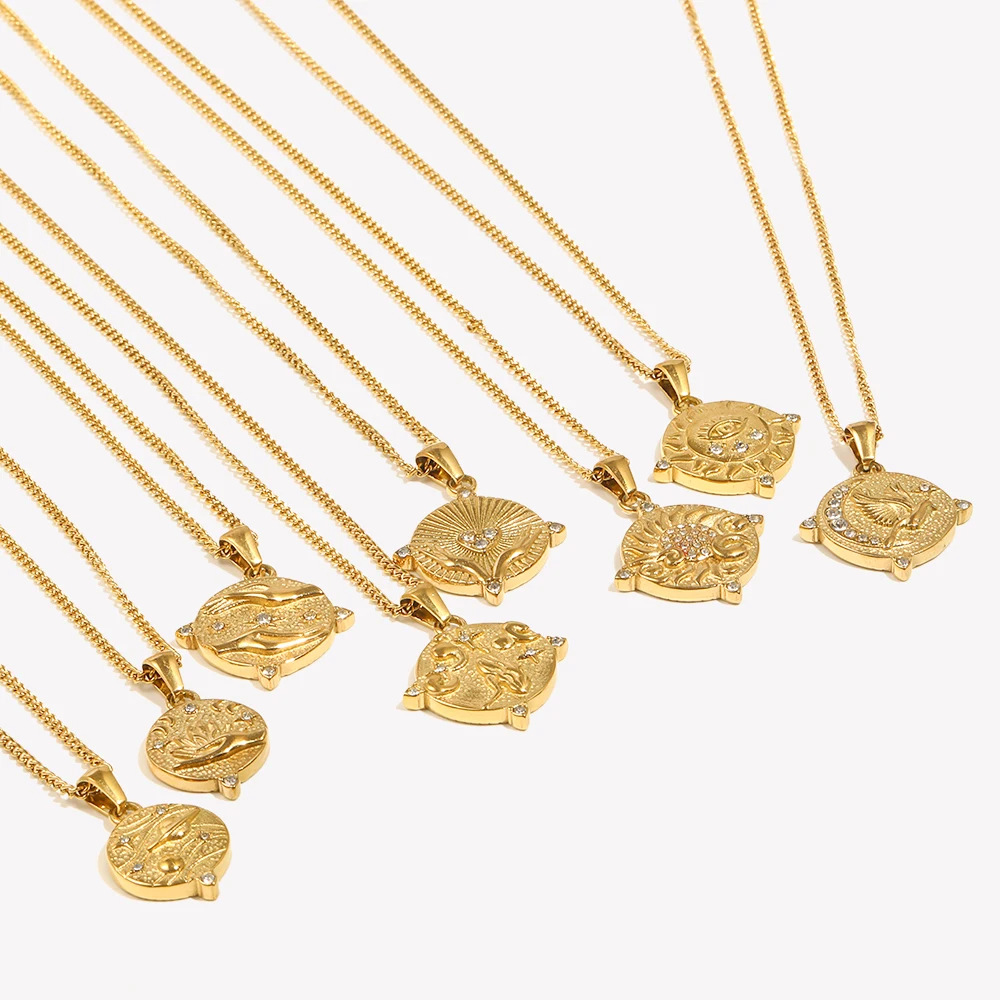E.B.belle Side Chain Circular Tarot Card Bird Necklace 316L Stainless Steel Decoration 18K Gold Plated Jewelry