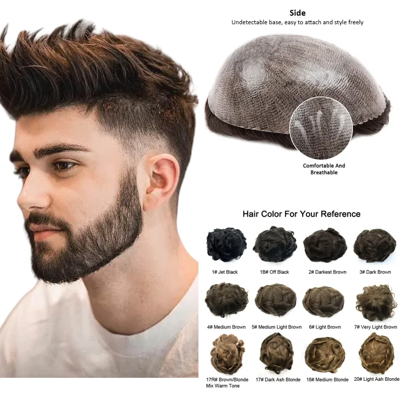 

Full PU Skin Base Men's Toupee Human Hair | Pre-Applied Adhesive Tape Hairpiece, Easy Self Installation Wig