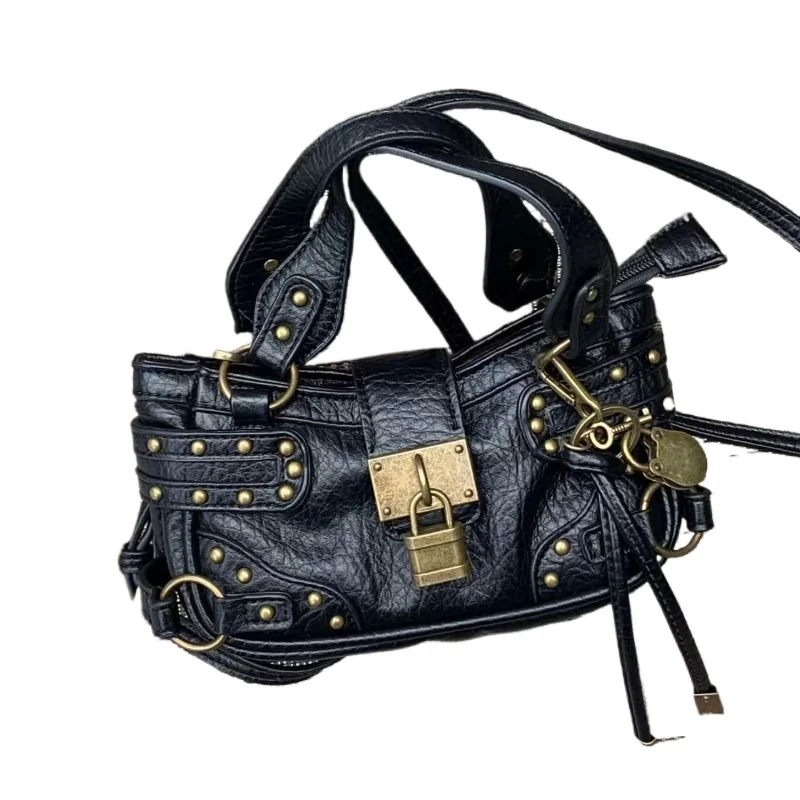 

Милая крутая черная сумка с заклепками в стиле ретро для девочек, модная уличная крутая мотоциклетная сумка, осень/зима, маленькая сумка через плечо с дизайном Rend Lock