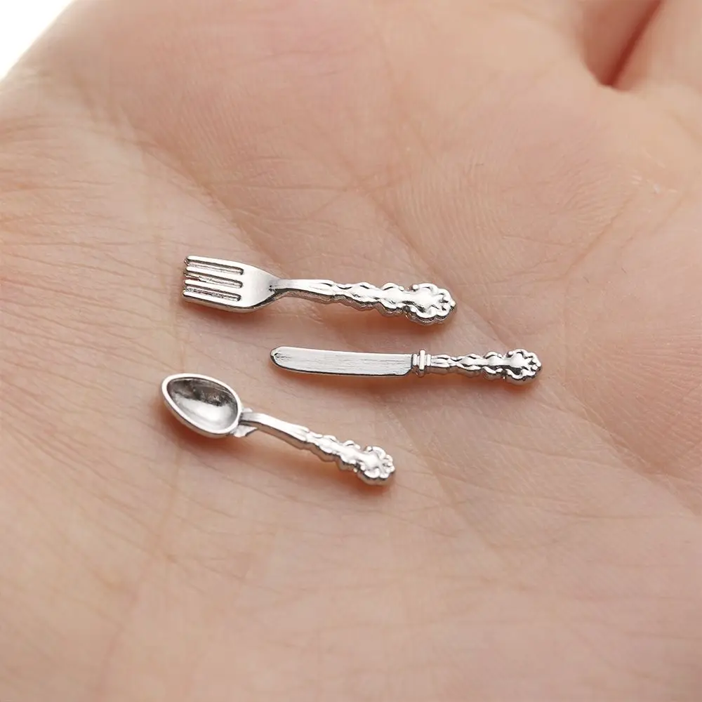 12PCS 1:12 Scale Toy Dollhouse Furniture Gold Silver Simulation Mini Cutlery Doll Accessory Fork Knife Spoon Miniature Cookware