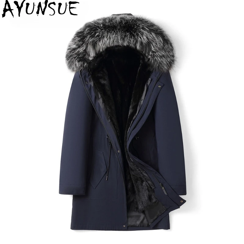 เสื้อโค้ทขนสัตว์แท้ AYUNSUE สำหรับผู้ชาย เสื้อพาร์กาฤดูหนาว ซับในขนมิงค์ถอดออกได้ แจ็คเก็ตมีฮู้ด ปกขนสุนัขจิ้งจอก ความยาวปานกลาง เสื้อโค้ทอุ่น