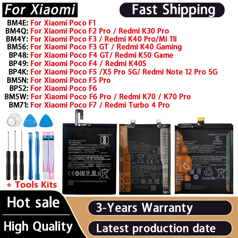 Original BP48 BM4Y BP4K Battery For Xiaomi Poco F1 F2 F3 F5 F4  F4 F6 F7 Redmi Note 12 K30 K40 K40S K50 K70 GT Pro 5G Batteries