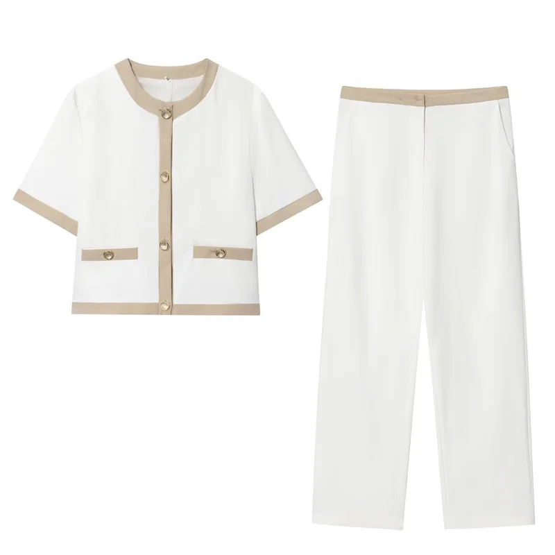 

Women's Suit New Summer 2025 Patchwork Short Sleeve Blazer Straight Pants Suit Celebrity Style Casual Fashion